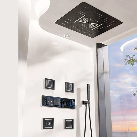 Slick Black Rain Shower System With Digital Display Concealed Wall Mounted Faucet Set Heavy Duty Brass Build, shower controls and dual spray heads.