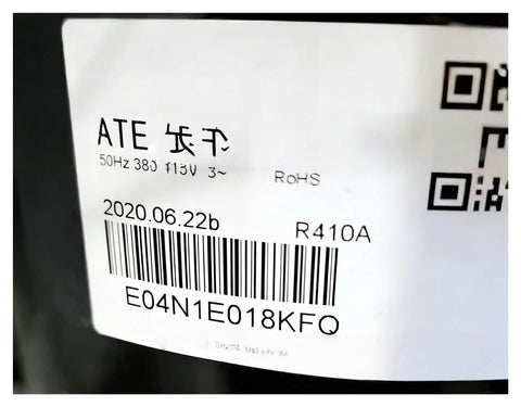 Label on Heavy Duty AC Compressor Replacement For Water Heater And Refrigeration Units showing specifications and barcode.