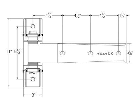 Technical drawing of Heavy Duty Strap Hinge Built Tough for Commercial Doors Left Hinge 6 Way Adjustable Extra Heavy Weight Industrial Grade Hardware