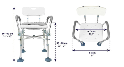 Heavy Duty Shower Chair With Arms And Back For Inside Showers, Double Reinforced Crossbar, height and width dimensions shown