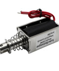 Heavy Duty DC12V Push Pull Solenoid Actuator With 20mm Stroke Length, showing metal construction and red wires for automotive use.