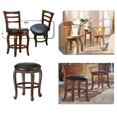 Various wooden bar stools and chairs with dark seats, showcasing a 360-degree swivel mechanism in a home setting.
