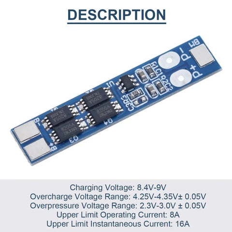 No Fuss 10 Pack 2S Lithium Battery Protection Board With Nickel Tabs 8A Max Load BMS For 18650 Cells showing charging specifications.