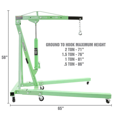 Straight Shooter Two Ton Engine Hoist Foldable Cherry Picker Shop Crane with adjustable boom and solid steel casters.