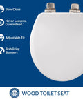 Image of a white Soft Close Toilet Seat With Brushed Nickel Hinges, Round, High Density Enameled Wood, featuring stability icons.