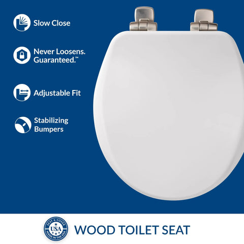Image of a white Soft Close Toilet Seat With Brushed Nickel Hinges, Round, High Density Enameled Wood, featuring stability icons.