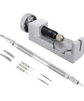 Alloy Watch Band Pin Removal Tool Kit With Bracelet Link Pusher And Spring Bar Tools For Easy No Fuss Pin Replacement And Quick Band Adjustments On The Go showing silver toolkit components