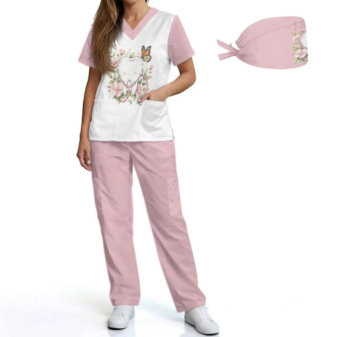 Teeth Print Stethoscope Scrubs Set for Women in Pink, 3-Piece Medical Uniform with V-Neck Top, Straight-Leg Pants, Scrub Cap