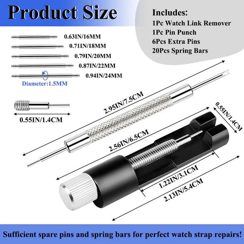 Watch Link Removal Tool Kit For Quick Bracelet Sizing And Repairs, Pro DIY Friendly With Doubled End Pin Punches, 6 Extra Pins, 20 Spring Bars