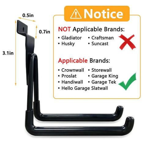 Measurements of Heavy Duty Slatwall Hooks 14 Pack Black For Garage Organization And Tool Storage, compatibility notice.