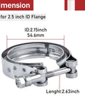 Heavy Duty 2.5 Inch Steel V Band Flange Clamp Kit, dimensions labeled, showing flange and V band clamp assembly.