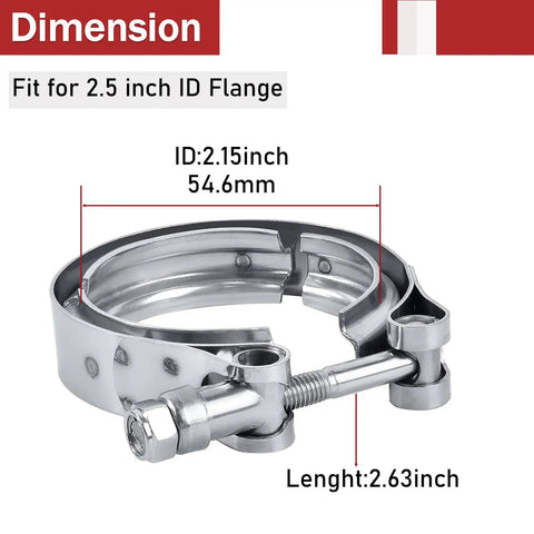 Heavy Duty 2.5 Inch Steel V Band Flange Clamp Kit, dimensions labeled, showing flange and V band clamp assembly.