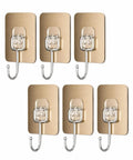 Six Pack Tough Grip Adhesive Wall Hooks Offering No Sweat No Drill Install Slick Gold Square Plate And Clear Hooks with Chrome Hooks