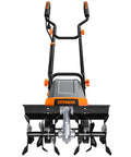 Front view of 18 Inch Electric Garden Tiller With 9 Inch Tilling Depth, A Workhorse 15 Amp Corded Cultivator, Foldable Handle