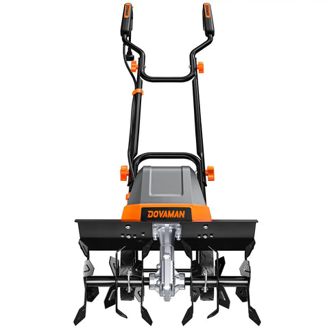 Front view of 18 Inch Electric Garden Tiller With 9 Inch Tilling Depth, A Workhorse 15 Amp Corded Cultivator, Foldable Handle