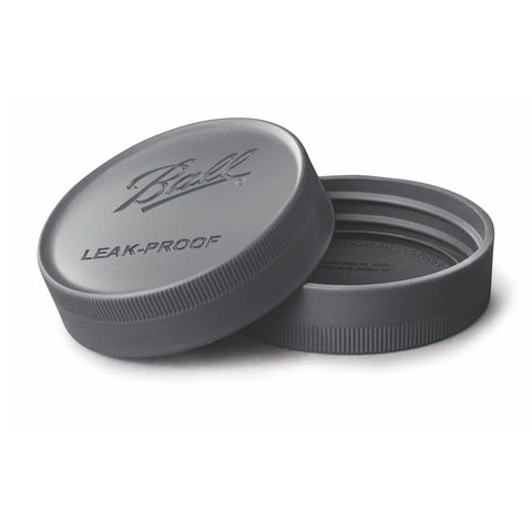 Awesome Leak Proof Plastic Lids for Wide Mouth Mason Jars, BPA Free, ridged edge for grip, made in USA, two gray lids stacked