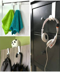 Over The Door Hook Set White Plastic Hanger For Coats Towels And Accessories Easy Install Door Mount Rack For Bedroom Kitchen Bathroom And Laundry With Scratch Free Surface Pack Of 2 holding towels, headphones, and coats