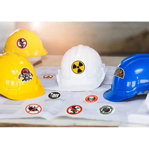 Hard Hat Sticker Pack For Adults, 300 Pcs Funny Toolbox Decals For Construction, Electrician, Oilfield, featuring hard hats with stickers.