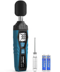 Portable Decibel Meter With LCD Display and accessories, measures 30dB to 130dB, showcases handheld unit with batteries and screwdriver.