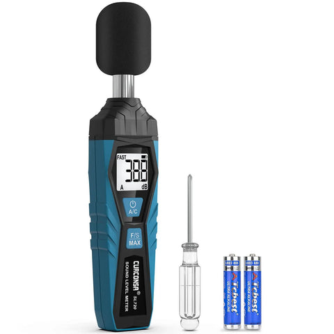 Portable Decibel Meter With LCD Display and accessories, measures 30dB to 130dB, showcases handheld unit with batteries and screwdriver.