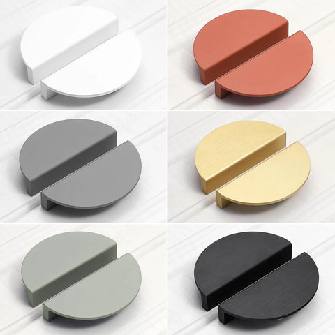 Variety of semicircle cabinet handles in different colors, displayed on a white background, showcasing color options and finishes.