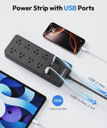 Beefy 25 Ft Flat Plug Extension Cord With 8 Outlet Surge Protector And 4 USB Ports Including 2 USB C 15A Breaker