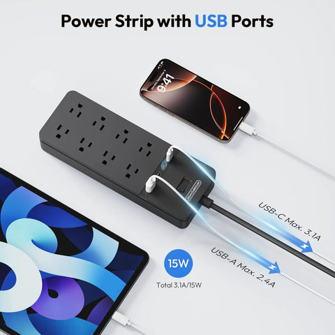 Beefy 25 Ft Flat Plug Extension Cord With 8 Outlet Surge Protector And 4 USB Ports Including 2 USB C 15A Breaker