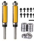 Premium Flush Trim Router Bit Two Piece Set Featuring Quarter Inch Shank And Dual Top And Bottom Ball Bearings Made From Tough Carbide Steel with accessories.