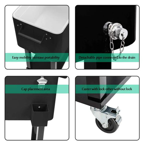 Portable Rolling Patio Cooler With Wheels And Bottle Opener, showing features like bottle opener, wheels, and drainage