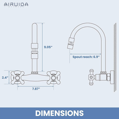 Diagram of Wall Mount Kitchen Faucet With Sprayer, 360 Degree Swivel Spout, Double Cross Handles, 8 Inch Center dimensions.