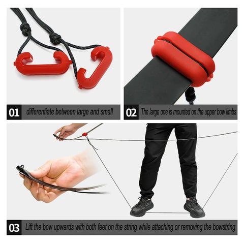 Crossbow Cocking Rope Stringer Tool For Archery Recurve Bow Easy No Sweat Stringing demonstration with red hooks and pulley system.
