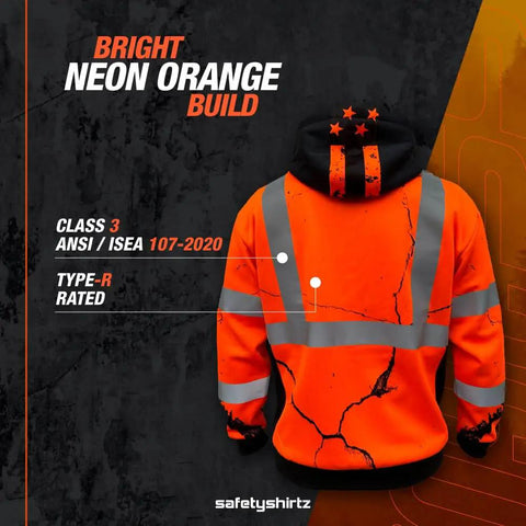 Back view of American Grit High Visibility Hoodie For Men, Class 3 Type R, ANSI ISEA 107-2020 Compliant, orange XL with reflective strips