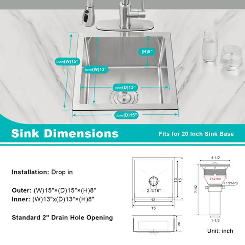 Diagram of Undermount 15x15 Inch Kitchen Sink in Brushed T304 Stainless Steel with dimensions and installation details.