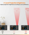 Projection Alarm Clock With Weather Station And Wireless Indoor Outdoor Thermometer For Bedroom Temperature Humidity Monitor Hygrometer Red Ceiling Projection Easy To Read Night Stand Clock showing 3-level projection brightness