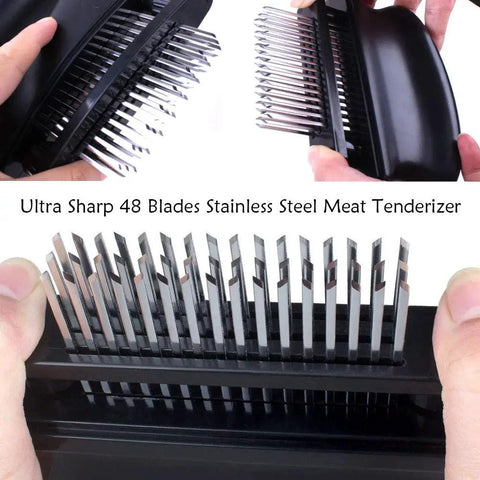 Close-up of Meat Tenderizer With 48 Stainless Steel Needle Blades Heavy Duty Pro Grade Kitchen Tool in black with sharp blades.