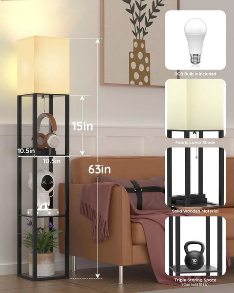Shelf Floor Lamp With Solid Wood Shelves And USB Charging Ports next to sofa, includes bulb and measuring height dimensions.