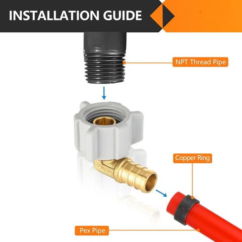 Ten Piece PEX Fittings Set With Brass Crimp Fittings For One Half Inch PEX To One Half Inch Female NPT Swivel Elbow For Potable Water Certified To ASTM F1807 And NSF ANSI 61 Lead Free installation guide showing NPT thread pipe to PEX