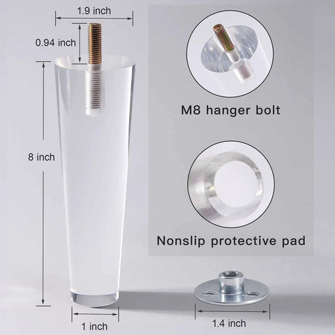 Detailed view of Beefy Solid Acrylic Furniture Legs 8 Inch Set Of 4 Heavy Duty Replacement Legs with bolt and protective pad.