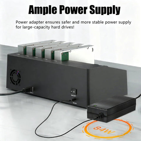 Slick 5 Bay Hard Drive Dock For 2.5 And 3.5 Inch Ssd And Hdd With Smooth Offline Cloning and Easy No Sweat Type C Setup Supporting Up To 120 Terabyte Storage Expansion with ample power supply adapter.