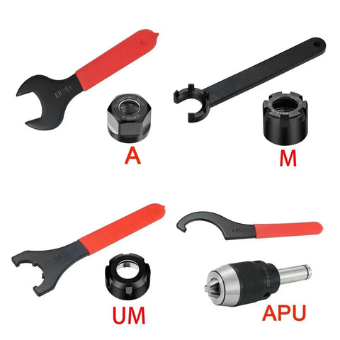 Rock Solid Heavy Duty ER Collet Wrench Set For Precision Machine Tools Includes Sizes ER8 To ER40 Plus ISO And APU Models With Black Oxide Finish for CNC use.