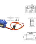 Diagram and components of Five Pack 9G Micro Servo Motors for RC Projects, showing dimensions and metal gear structure.