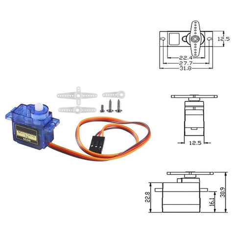 Diagram and components of Five Pack 9G Micro Servo Motors for RC Projects, showing dimensions and metal gear structure.