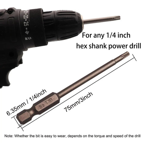 Get The Job Done Right With This 1 Pc Magnetic Torx Head Screw Driver Bit Set featuring Long 75mm Shafts And A Secure 1/4 Inch Hex Shank These Security Tamper Proof Bits Are Made From Heavy Duty S2 Steel To Prevent Stripping and Breakage ensuring a tight, showing a Torx screwdriver bit and drill.