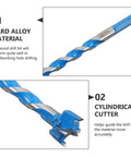 Front view: Blue BEBEMOKO hard-alloy woodworking drill bit, 25x125mm, extended thread hole opener with cylindrical cutter