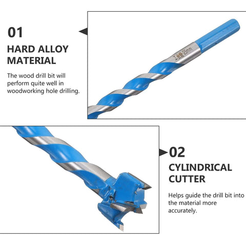 Front view: Blue BEBEMOKO hard-alloy woodworking drill bit, 25x125mm, extended thread hole opener with cylindrical cutter