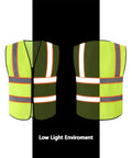 High Visibility Neon Safety Vest Pack Of 10 With Zipper And Reflective Strips, Size L, shown front and back in low light