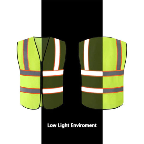 High Visibility Neon Safety Vest Pack Of 10 With Zipper And Reflective Strips, Size L, shown front and back in low light