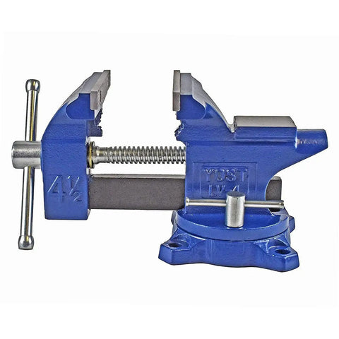 Heavy Duty Rock Solid Home Workshop Bench Vise Four Point Five Inch Wide Jaw with gray iron cast construction and swivel base.