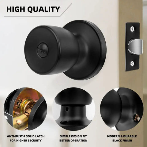 10 Pack Matte Black Privacy Door Knob Set With Keyless Round Locks, showcasing design, material, and latch close-up