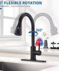 HOMELODY LED Temperature Display Black Kitchen Faucet with Pull Down Sprayer - High arc faucet showcasing 360° rotation feature.